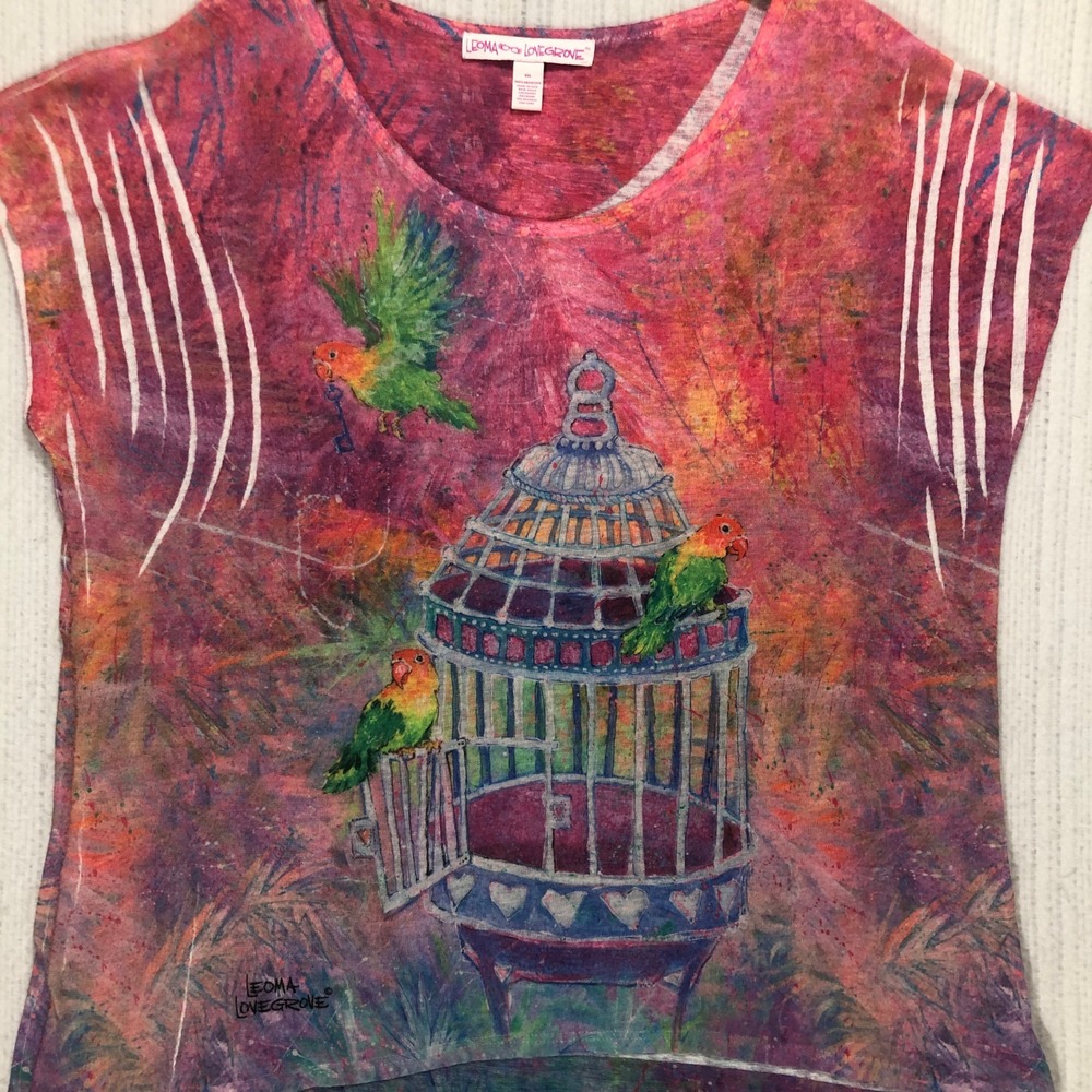 Leoma Lovegrove Parrots Birdcage Art Top XXL Pink Purple High Low Cap Sleeve
